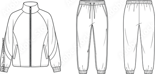 Men sportswear tracksuit technical illustration, zip jacket and jogger pants front and back views, clean outline apparel fashion vector design