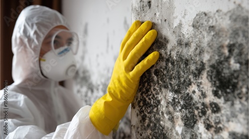 Professional inspecting wall for mold with protective gear