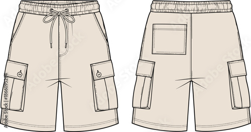 Men's cargo shorts flat technical drawing with elastic waistband drawcord side cargo pockets flap closures back patch pocket construction details apparel template