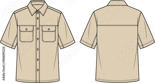 Men's short sleeve work shirt vector technical flat drawing, front and back views with flap pockets stitching details fashion design template