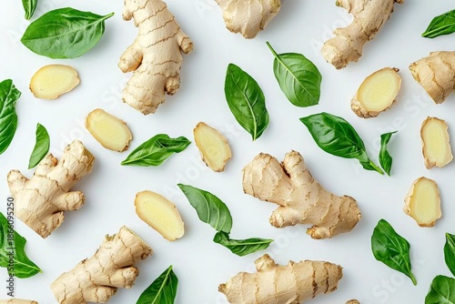 Aerial perspective showcasing ginger root and its vibrant yellow slices.