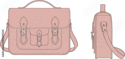 Pink leather satchel bag detailed flat sketch with buckles, top handle and adjustable shoulder strap, front and side profile presentationPink leather satchel 