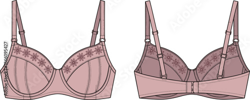 Women embroidered bra illustration showing front and back views, adjustable straps, detailed stitching, feminine lingerie vector garment design