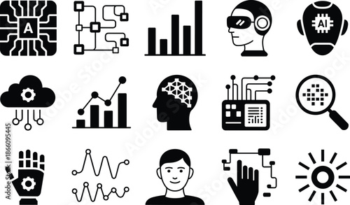 Artificial intelligence and machine learning icons set featuring ai chips data analytics neural networks robotics and cloud technology vector