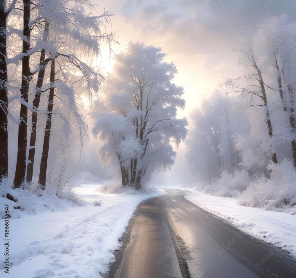 Fototapeta premium Frozen winter road stretching into the distance, covered in fresh snow and ice