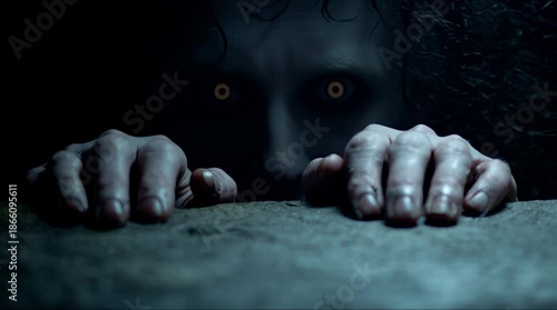 A terrifying ghostly figure with glowing yellow eyes peers over a surface with its hands gripping the edge.