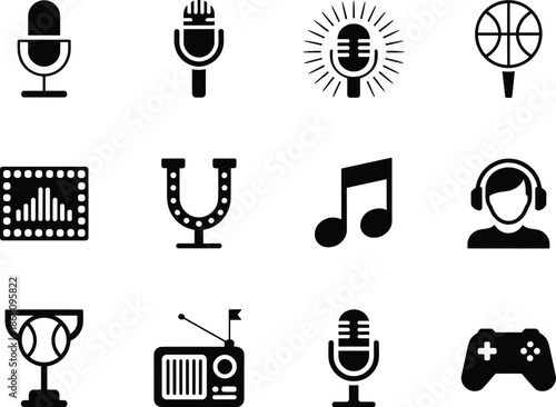 Audio microphone icons set with music podcast radio gaming broadcast recording symbols vector modern solid black minimal illustration