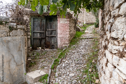 Wallpaper Mural Verlassener Steinweg mit alter Holztür im Bergdorf, Qeparo, Qark Vlora, Albanien Torontodigital.ca
