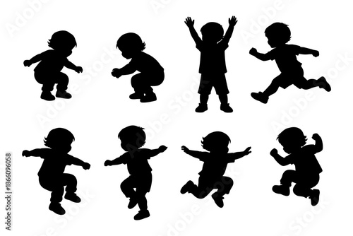 Silhouette of playful children jumping and dancing in various poses