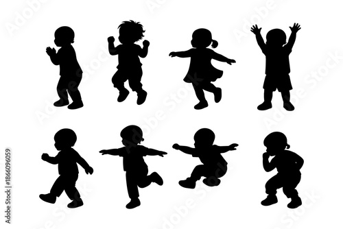 Silhouette of playful children jumping and dancing on a white background