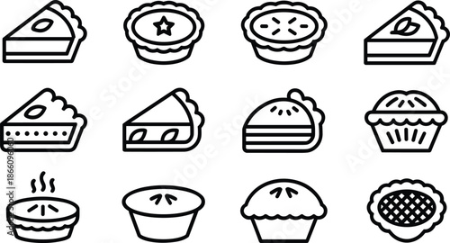 Bakery dessert icon set featuring pie cake pastry slices in outline style for food menu branding design projects marketing