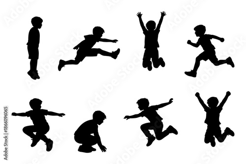 Silhouette of active children in playful jumping and running poses