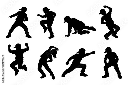 Dynamic dance silhouettes of energetic breakdancers in action poses