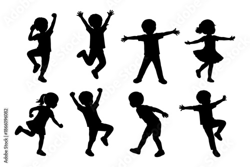 Energetic kids silhouette dance collection on transparent background