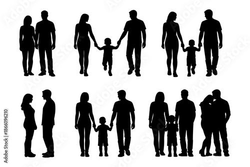 Silhouette family set: diverse couples and families holding hands