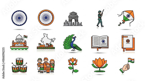 Indian cultural symbols and icons including peacock, lotus, flag, taj mahal, gateway of india, india map, and traditional indian patterns on white background