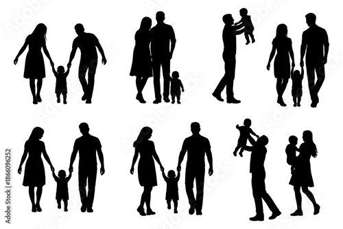Family bonding silhouettes depicting parents and children walking together