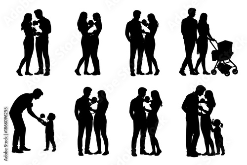 Loving family moments silhouettes with parents and children in various poses