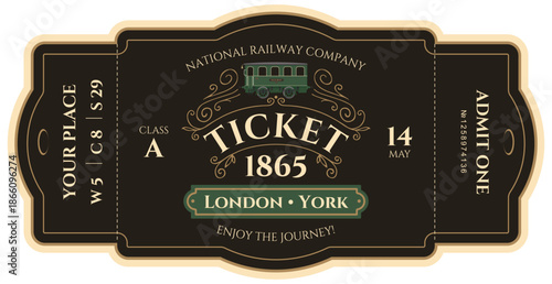 Vector train ticket template featuring a vintage passenger carriage. Premium
