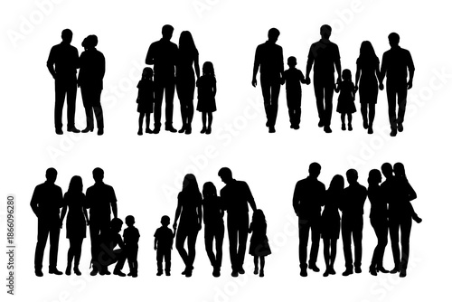 Family silhouettes: diverse groups in multiple poses on white background