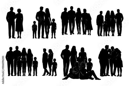 Diverse family silhouettes posing in groups on white background