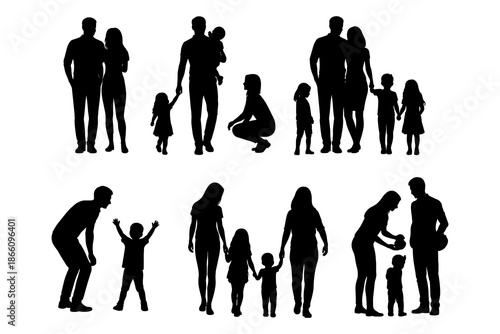 Silhouette of families in various poses interacting with children on white background