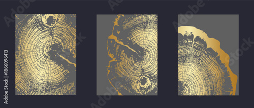 Set of templates with wooden textures background. Luxury wood grain collection with golden tree rings. Elegant textures featuring natural annual growth patterns with circles. Vector vertical banners