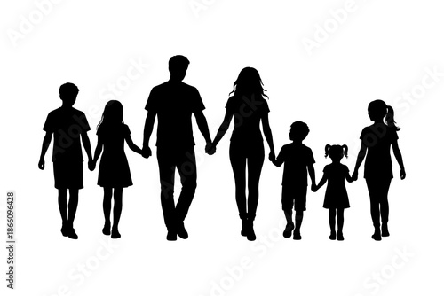 Silhouette of a family holding hands in a line on white background