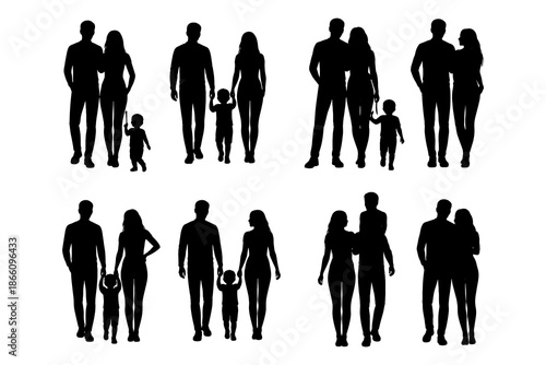 Diverse family silhouettes of couples with children
