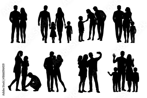 Family silhouettes in various poses capturing everyday moments