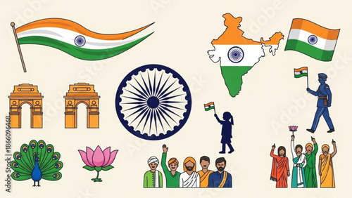 Indian cultural symbols and landmarks illustration, india flag, peacock, lotus flower, gateway of india, republic day, independence day celebration