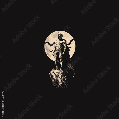 Vintage engraving of a vampire count in a long cape standing on a jagged cliff with a red moon and bats.