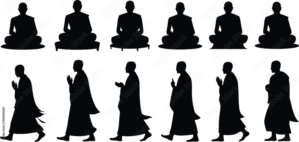 Ταπετσαρία Buddhist monk silhouette set showing meditation sitting and walking poses, black