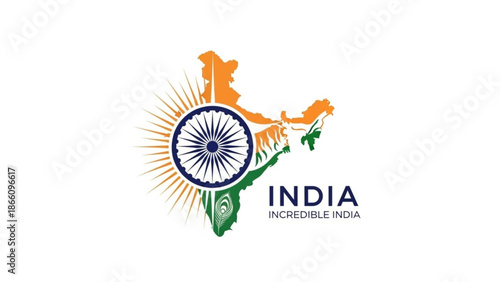 India map with flag colors and ashoka chakra symbol, representing incredible india tourism and culture with Indian flag and travel and national symbol