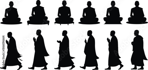 Buddhist monk silhouette set showing meditation sitting and walking poses, black vector spiritual figures isolated on white background