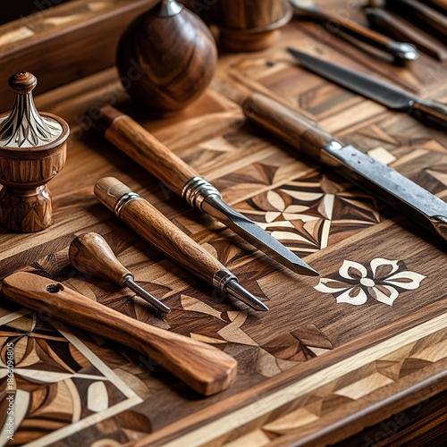Wood inlay tools on carpentry desk, detail station with marquetry items, craft focus