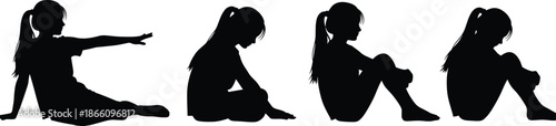 Silhouette of a lonely young girl sitting on floor in different poses, set of sad depressed female teenager profiles isolated on white background
