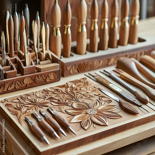Wood inlay tools on carpentry desk, detail station with marquetry items, craft focus