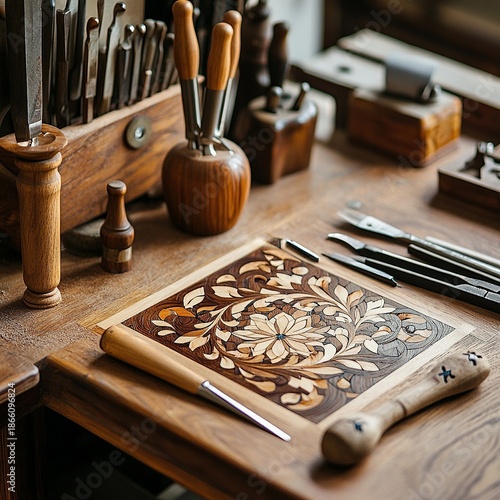 Wood inlay tools on carpentry desk, detail station with marquetry items, craft focus