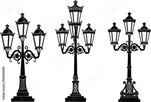 Vintage Victorian street lamp silhouettes set, ornate antique gas light poles with decorative filigree, classical urban lighting architecture elements for city park designs.