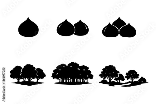 Silhouette icons of nuts and forest scenery with trees and cottage