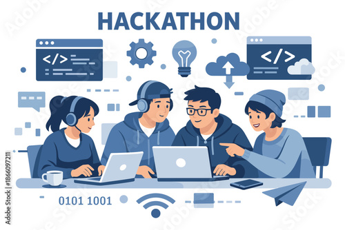 Team collaboration at a hackathon event in modern flat design