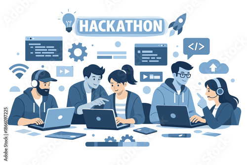 Diverse team collaborating at hackathon with laptops and technology icons in modern workspace