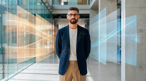 Focused corporate leader standing between opposing business perspectives