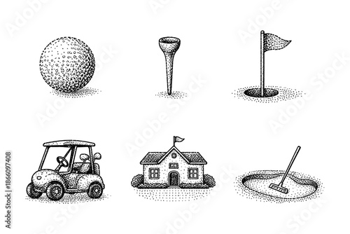 Hand drawn golf elements: vintage dot art of golf ball, tee, flag, cart, clubhouse, and bunker