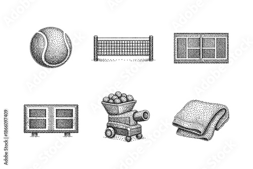 Dotted style tennis icons set featuring equipment and accessories