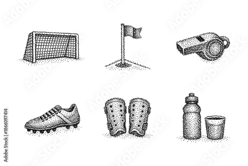 Halftone soccer set: goal, flag, whistle, cleats, shin guards, water bottle