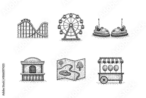 Retro dotted amusement park icons featuring rides and attractions