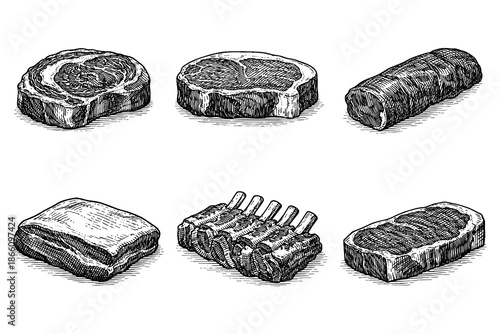 Hand drawn meat cuts set: detailed vintage sketches of beef, pork, and lamb