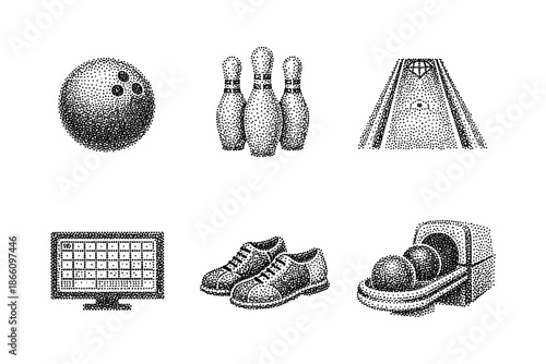 Retro stipple bowling icons: ball, pins, lane, shoes, scoreboard, ball return
